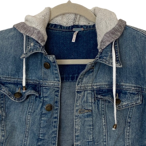 Free People Knit Hooded Distressed Denim Jacket, Size Small - Picture 5 of 13